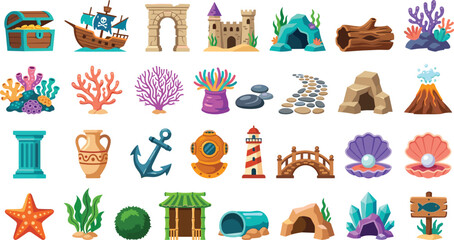 Fish Tank Aquarium Decoration and Underwater Aquascaping Object Cartoon Vector Set Featuring Pirate Ships Treasure Chests Coral Reefs Caves Lighthouse and Sea Shell Pearls Clipart © Creative collection