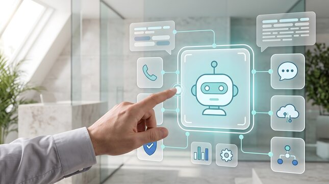 Hand interacting with AI chatbot interface with icons