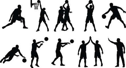 Set of black silhouettes of basketball players and a coach showing various game actions and celebrations © uzzala