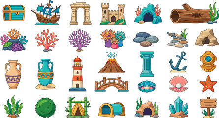 Nautical Seafloor Vignette and Fish Tank Decoration Vector Element Sheet Featuring Ancient Grecian Amphoras Smoldering Volcanoes Distressed Anchor Pins and Exotic Bamboo Tents © Creative collection