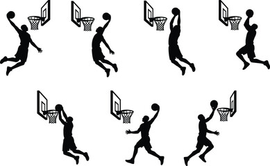 Set of black silhouettes of basketball players performing slam dunks and hoops actions on white background © uzzala