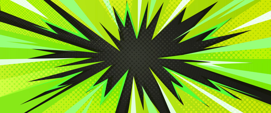Comic book background with radial lines and dynamic burst effect, abstract vector cartoon banner with halftone texture. Pop art explosion pattern with black green rays, vibrant manga bg with flash