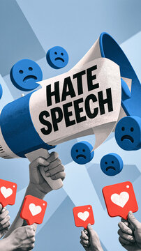 The Megaphone of Misery: A striking illustration depicting a megaphone broadcasting HATE SPEECH, surrounded by sad emoji faces and likes, symbolizing the negative impact of online discourse.