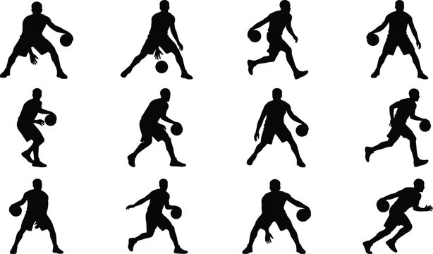 Set of black silhouettes of basketball players showing dribbling and movement actions on white background