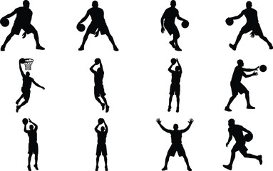 Set of black silhouettes of basketball players showing dribbling, shooting, passing, and dunking game actions © uzzala