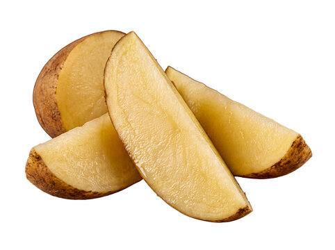 Natural photograph of raw potato wedges, showcasing their rustic skin and creamy, firm texture beautifully.