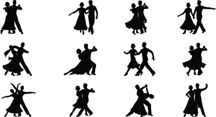 Set of black silhouettes of couple dancers showing ballroom dancing poses and romantic movements © uzzala