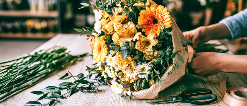 A person arranges a bouquet of yellow and white flowers on a table in a flower shop. Green leaves surround the flowers. Tools and other flowers are nearby