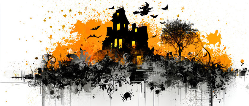 A haunted house stands on a hill with bats flying around it. The background has orange and black colors with spider webs and dark trees. It is Halloween time