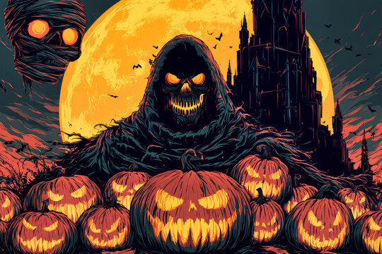 A ghost figure stands among glowing pumpkins at night. The pumpkins have faces. A dark castle is in the background with a full moon in the sky