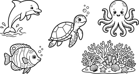 Fototapeta premium Cute Sea Animals and Underwater Ocean Creatures Coloring Page Vector Illustration Set