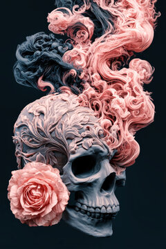 Colorful smoke rises from a skull surrounded by flowers. This scene shows the spirit of Halloween in a creative and artistic way
