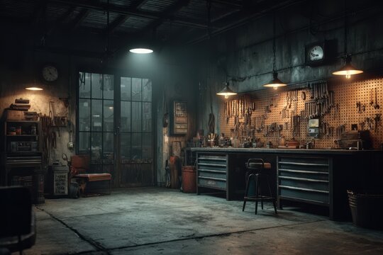 Tinkers garage workshop with pegboard tools and industrial workbench