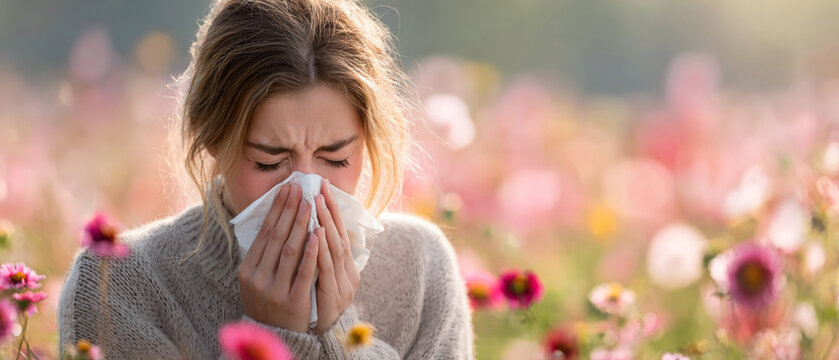 Young woman sneezes into a tissue in a bright field of flowers. She shows discomfort while surrounded by colorful blooms and sunlight