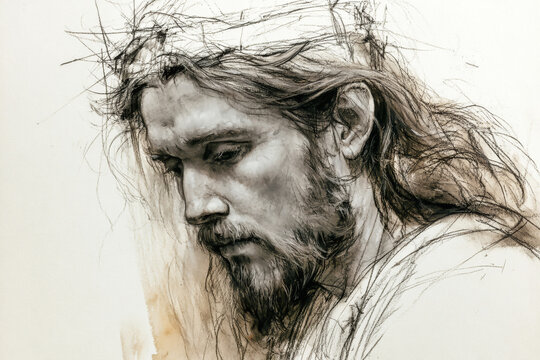 A charcoal and watercolor sketch shows Jesus Christ in profile wearing a crown of thorns. His face is somber, and he gazes downwards with a thoughtful expression