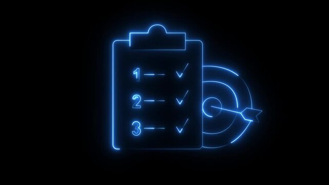Neon Checklist and Target Icon for Goal Achievement, Task Management, Project Planning and Business Success on balk Background