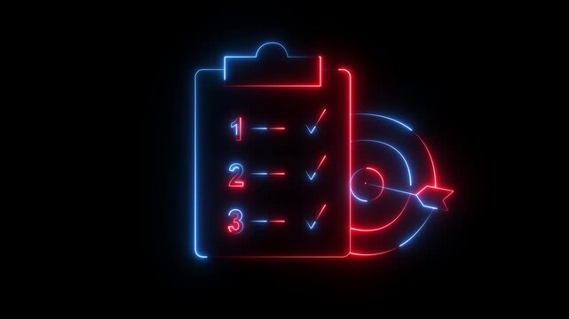 Neon Checklist and Target Icon for Goal Achievement, Task Management, Project Planning and Business Success on balk Background