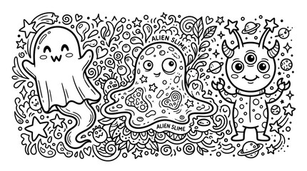 Obraz premium Cute doodle monsters: ghost, slime, alien with stars and swirls, black and white