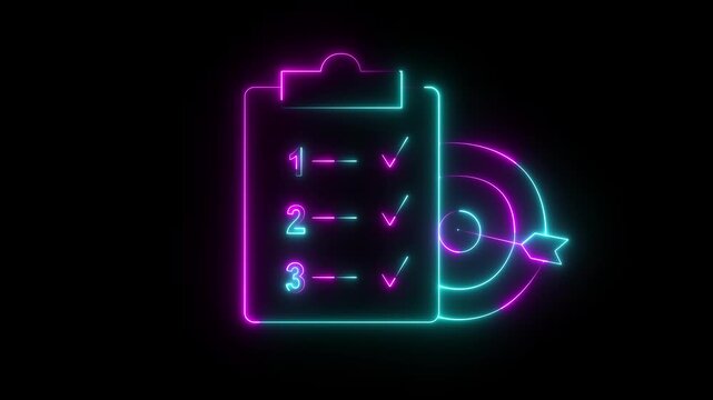 Neon Checklist and Target Icon for Goal Achievement, Task Management, Project Planning and Business Success on balk Background