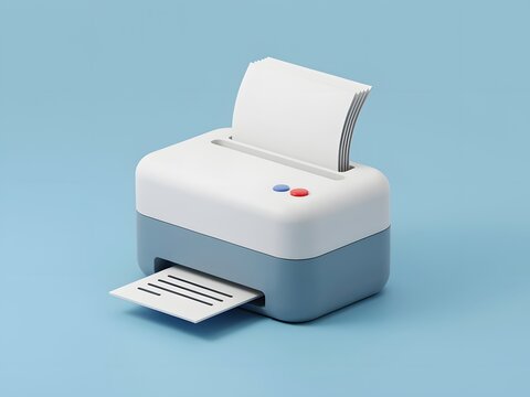 Stylized 3D printer with paper for office documents and receipt printing, isolated on blue background