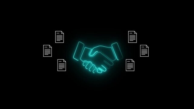 Digital Procurement Partnership with Handshake and Business Documents Icon, Vendor Agreement, Contract Management and Supply Chain Collaboration