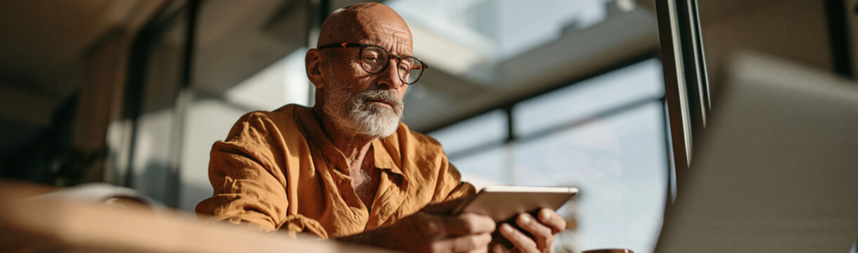 Elderly Man Using Tablet: A distinguished senior man with a white beard and glasses is engrossed in his tablet, bathed in natural light, symbolizing modern connectivity in later life.