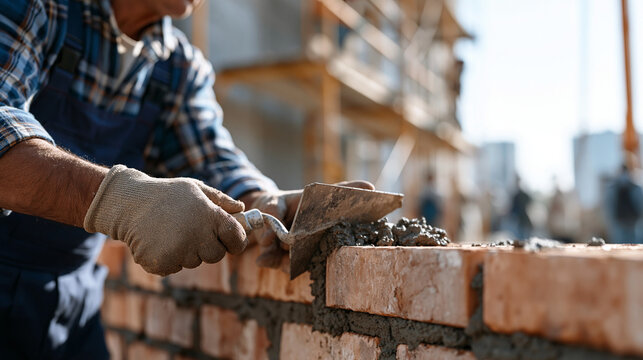 Seasoned bricklayer in worn work gloves pressing mortar between courses on a crowded city construction site at midday, scaffolding and pedestrians visible behind him, trowel
