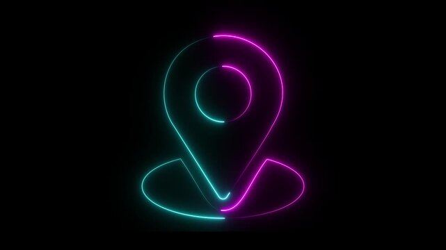 glowing neon location icon map pin animation Motion graphics of concept black background. 4k video
