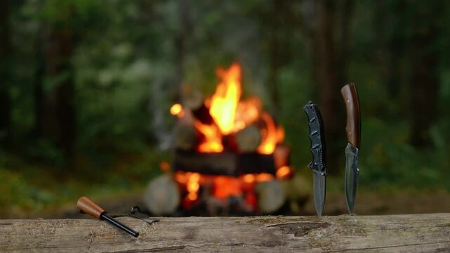 Outdoor bushcraft survival knives placed near campfire with natural crackling audio soundscape. Static video background for tactical gear review, wilderness equipment presentation, camp.