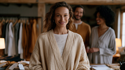 Fototapeta premium Catalog model in a modest home setting posing alongside a diverse styling team, clothing tags and renters inventory lists spread across a lived in living room as a natural