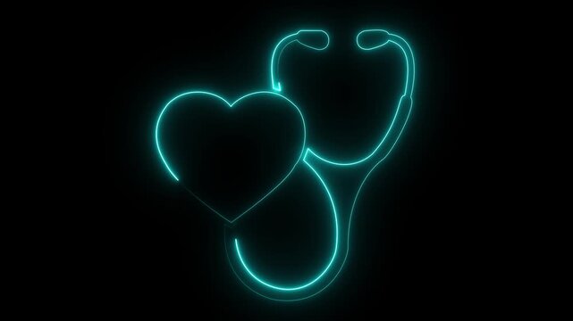 Neon Glowing Heart Shaped Stethoscope Icon Representing Cardiology, Healthcare, Medical Diagnosis and Wellness Concept on Black Background animation