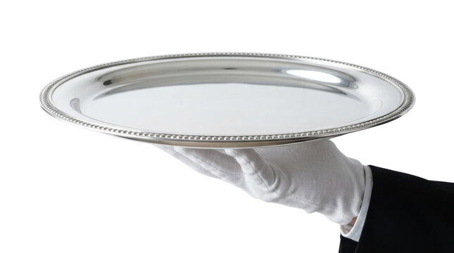 A waiter in a white glove holding an empty silver tray isolated on transparent background