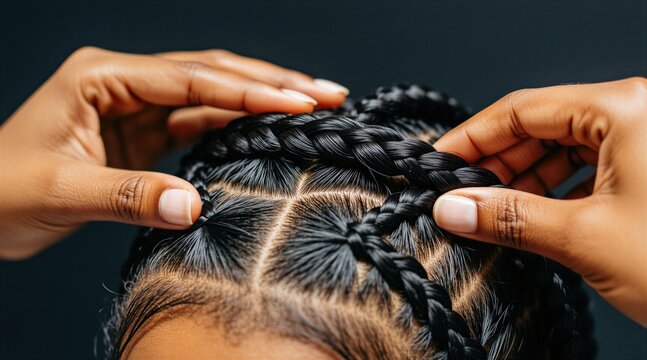 Hands braid cornrows on dark hair. Precise finger movements create neat sections and tight plaits. Close-up detail of hair styling craft. African ethnic hairstyle.
