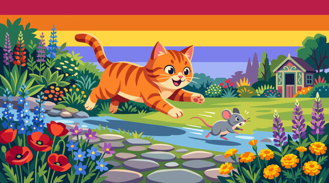 Cute cartoon cat chasing tiny mouse through blooming flower garden, joyful expressions, colorful scenery, energetic movement, original characters, vibrant vector illustration, premium background.