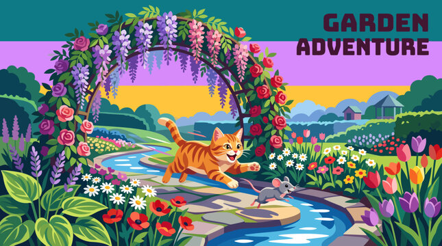 Cute cartoon cat chasing tiny mouse through blooming flower garden, joyful expressions, colorful scenery, energetic movement, original characters, vibrant vector illustration, premium background.