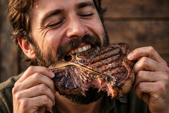 Bearded hungry man biting into a juicy grilled T-bone beef steak outdoors, enjoying a delicious rustic barbecue meat feast with passion