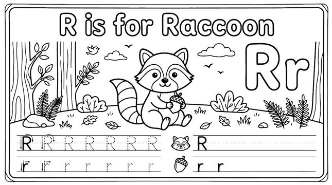 R for Raccoon Alphabet Coloring Page Vector Illustration