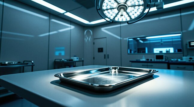 Empty metal surgical tray sits on operating table inside modern hospital clinic room. Sterile medical environment features bright overhead lights, professional healthcare equipment. Advanced blue