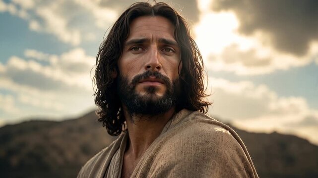 Close-up of a Jesus with long hair and beard in biblical attire against a cloudy sky