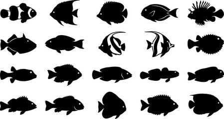Tropical reef fish icons set featuring clownfish angelfish lionfish moorish idol and pufferfish vector illustration © Nurjahan