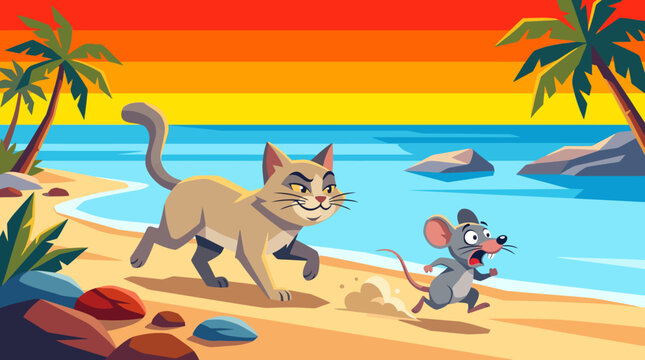 Original cartoon cat and mouse enjoying playful chase along sunny beach, amusing expressions, colorful seaside landscape, lively action, vibrant vector illustration, premium background.