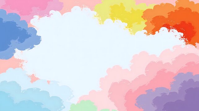 Colorful watercolor cloud border frame with blank white center ideal for text overlay in soft rainbow tones