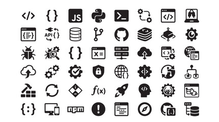 Fototapeta premium Software development icons set, 48 programming and coding vector symbols, black solid web design elements for app interface and data engineering
