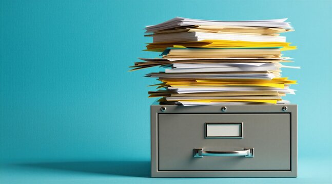 Grey metal cabinet holds tall stack of paper documents. Office files pile up on storage drawer against blue wall. Professional business administration records require organization system. Corporate