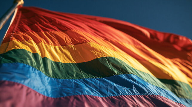 Rainbow Flag Waving Proudly: The iconic rainbow flag, a symbol of LGBTQ+ pride and diversity, ripples vibrantly against a clear blue sky.