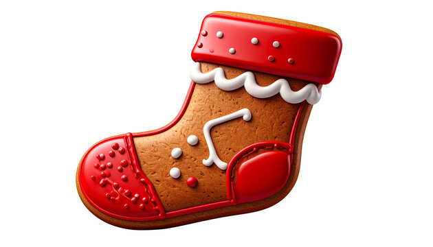 gingerbread Christmas stocking cookie with red icing, isolated on transparent background.