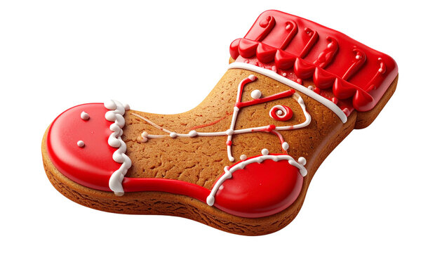 gingerbread Christmas stocking cookie with red icing, isolated on transparent background