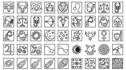 Obraz premium Zodiac signs and astrology line icons set, 50 celestial horoscope symbols, minimalist mystical astronomy vector elements for fortune telling
