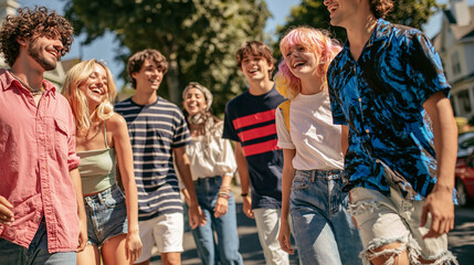 Naklejka premium A vibrant group of young friends, radiating joy and camaraderie, stroll down a sun-drenched street, their laughter echoing in the warm summer air.
