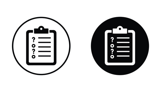 Clipboard with question marks and checklist lines icon set in outline and solid styles for survey feedback form information gathering and data analysis digital interface designs